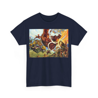 Discworld Guards! Guards! Graphic Unisex T Shirt in navy adorned with a detailed, artistic print reflecting the fantasy world created by Terry Pratchett.