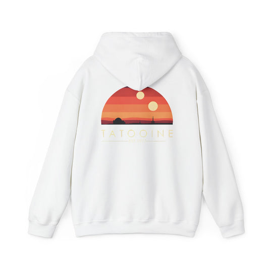 Stunning Tatooine Sunset Back Print Hoodie showcasing vibrant sunset scenery inspired by Star Wars, perfect for fans of luxury galactic art.