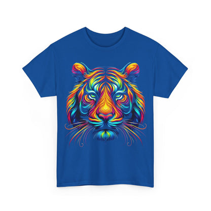 Front view of the Tiger's Whimsy Graphic Tee featuring a stunning, multicoloured stylised tiger design, encapsulating a bold artistic statement.
