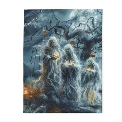 Decorative and Warm Halloween Spooky Arctic Fleece Blanket featuring ethereal ghosts holding lanterns amidst a spooky Halloween landscape, ideal for seasonal décor.