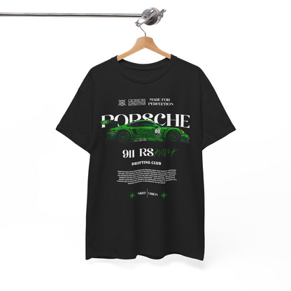 Porsche 911 RS Men's T-Shirt elegantly hung, featuring the dynamic green racing car graphic, representing sophistication and motor racing passion.