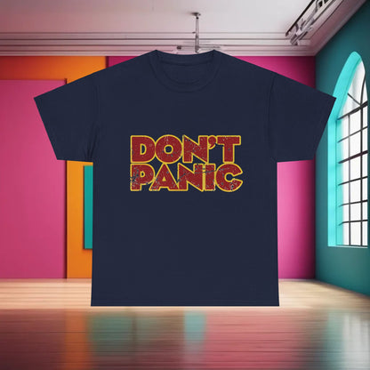 Refined Don't Panic Hitch Hikers Guide Graphic T-Shirt in navy, an embodiment of luxury and whimsical fandom.