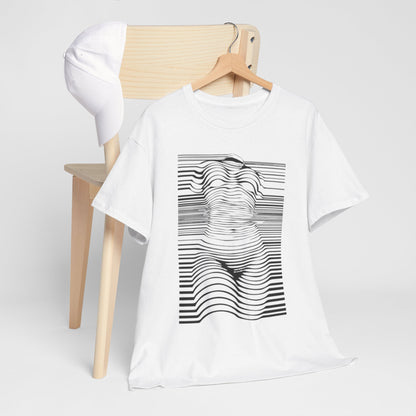 Elegant white t-shirt displayed on a wooden chair alongside a cap, featuring a bold optical illusion graphic that artfully captures a woman's silhouette.