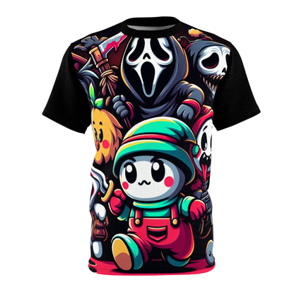 Elegant Spookley Frightwhisker Cartoon T-Shirt by Dazzling Dreams Studio featuring playful horror characters design on rich black fabric with striking red accents, perfect for stylish Halloween wear.