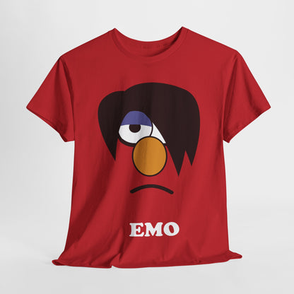 Emo Elmo Graphic Unisex T-Shirt – A luxurious soft cotton tee featuring a unique emo-inspired design of Elmo with black hair and a nostalgic frown, perfect for teens and adults.