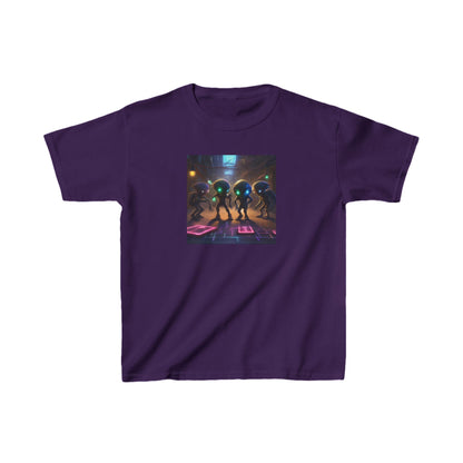 Kids Cute Aliens Heavy Cotton T-Shirt featuring vibrant alien graphics, perfect for young space explorers in a luxurious purple hue.