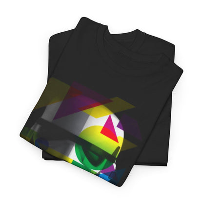 Luxurious black t-shirt folded showing an abstract Stormtrooper helmet design in striking colours, ideal for creativity-driven individuals.
