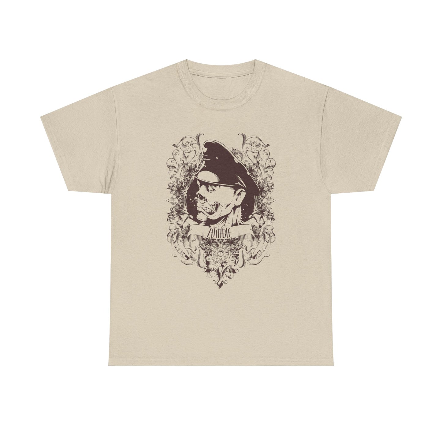 Men's Zombie Graphic T-Shirt featuring intricate Baroque design with a striking zombie motif, presented on a beige background, embodying boldness and fierce style.