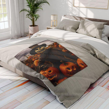 Decorative and Warm Halloween Spooky Arctic Fleece Blanket artistically placed on a stylish bed, featuring a spooky pumpkin and scarecrow design, ideal for enhancing the ambience of a luxurious Halloween-themed bedroom.