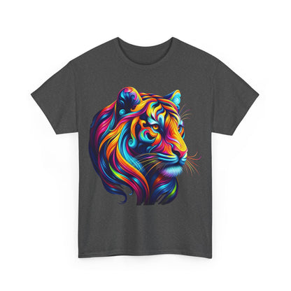 Tiger's Whimsy Graphic Unisex T-Shirt in grey, showcasing a stunning graphic of a detailed tiger artwork with vibrant colours, ideal for art lovers.