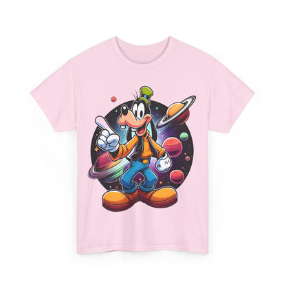 Front view of the Cosmic Goofy Unisex Graphic Tee featuring a whimsical illustration of Goofy in a cosmic wonderland, set against vibrant colours, perfect for Disney enthusiasts.