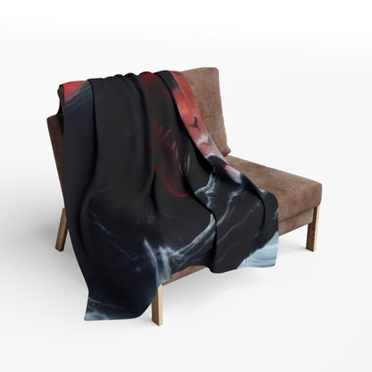 Decorative and Warm Halloween Spooky Arctic Fleece Blanket draped elegantly over a stylish chair, featuring a spooky visage against a dark, atmospheric background.