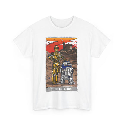 The Droids Tarot Card Graphic T-Shirt Urban Unisex Cotton Tee in classic white, featuring an exquisite portrayal of C-3PO and R2-D2, perfect for sophisticated Star Wars lovers.