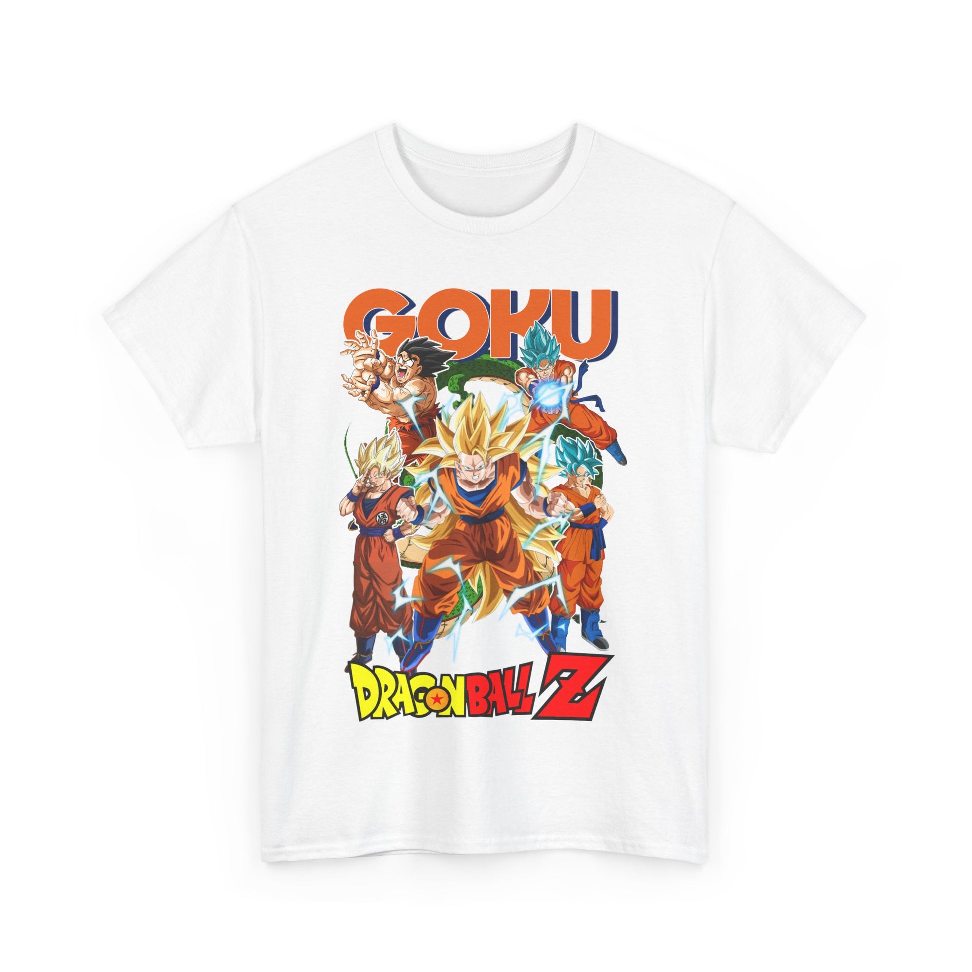 Chic white Dragon Ball Z T-shirt displaying a striking colourful design of Goku and friends, accentuating anime fandom with style.