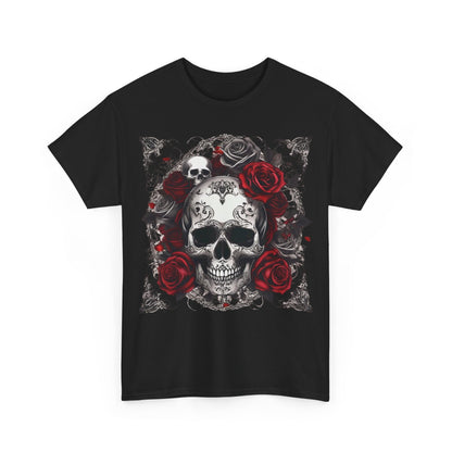 Skulls and Roses Cotton Tee - Unisex graphic shirt featuring a striking design of skulls entwined with red and black roses, perfect for edgy fashion enthusiasts.