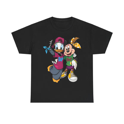 Elegant unisex graphic tee shirt featuring Daisy Duck and Minnie Mouse, styled in a contemporary hip-hop and rock-and-roll aesthetic. Daisy Duck is adorned in a vibrant purple t-shirt emblazoned with 'RAP' and casual chic attire, while Minnie Mouse complements her with a green 'ROCK' shirt, showcasing a joyful friendship. Perfect for fashion-forward individuals, this tee combines playful artistry with modern design, ideal for casual outings.