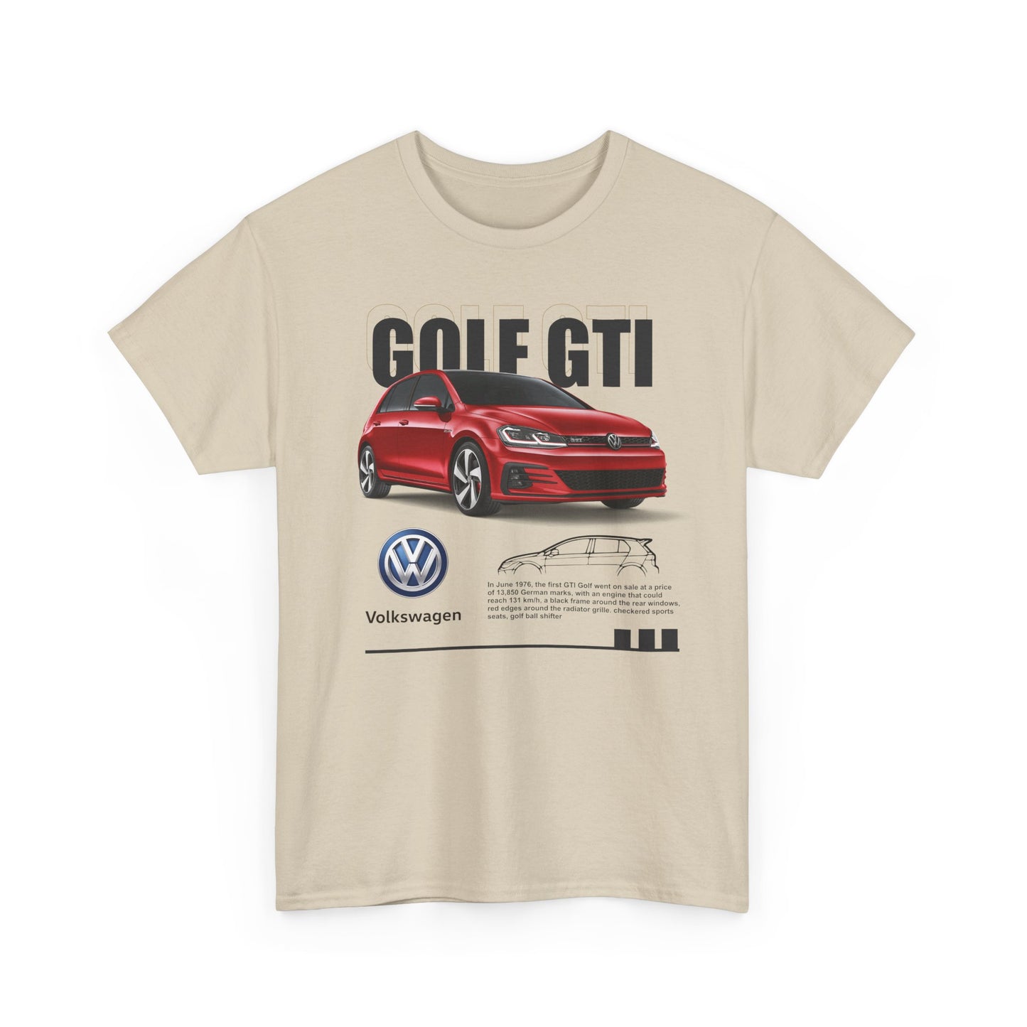 Front view of a premium beige men's t-shirt featuring a stylish Golf GTI graphic, showcasing the iconic car alongside its Volkswagen logo and design details.