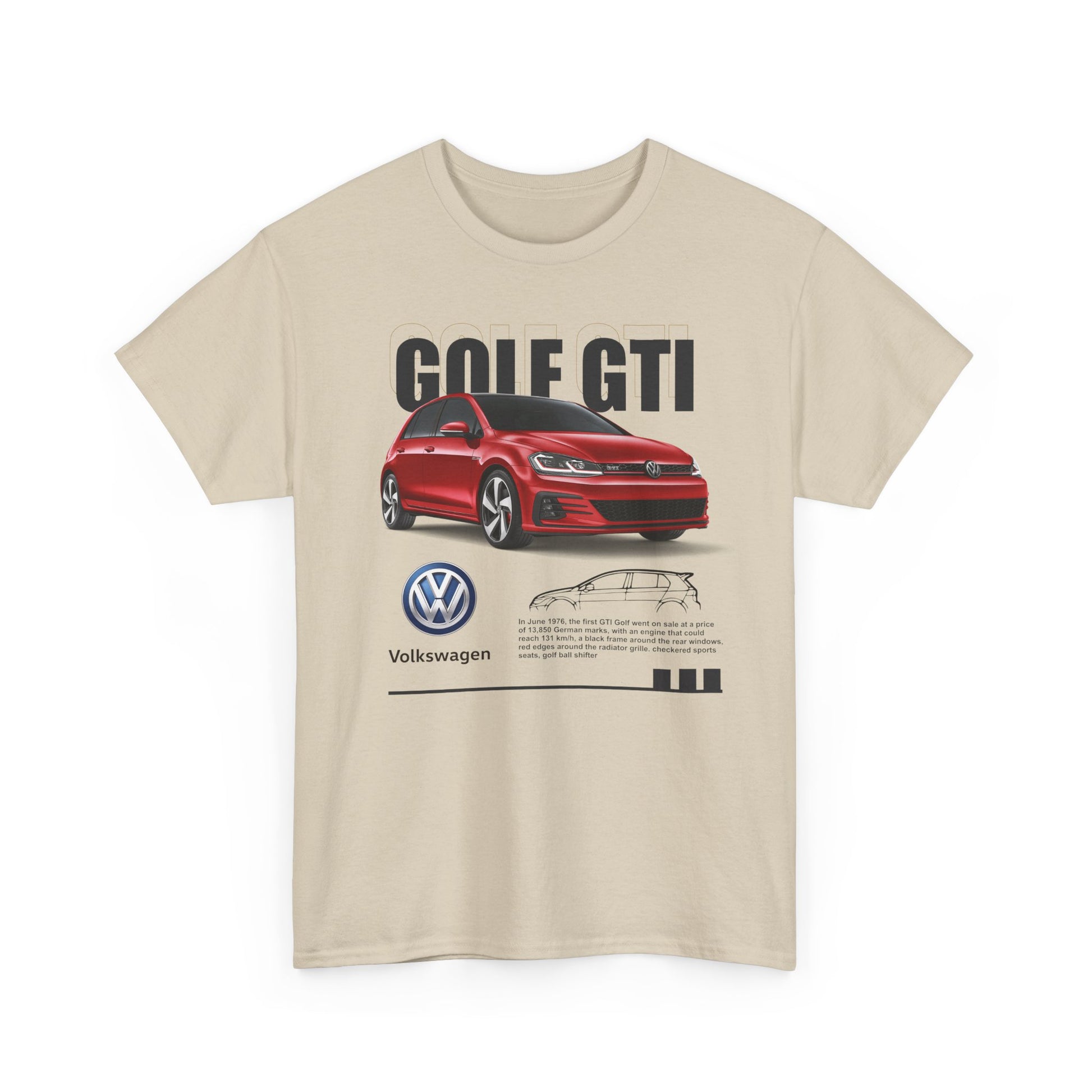 Front view of a premium beige men's t-shirt featuring a stylish Golf GTI graphic, showcasing the iconic car alongside its Volkswagen logo and design details.