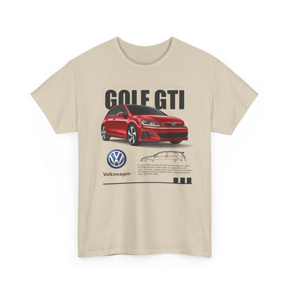 Men's beige Volkswagen Golf GTI T-shirt elegantly displaying a vibrant graphic of the red GTI car, ideal for showcasing a passion for luxury automobiles.