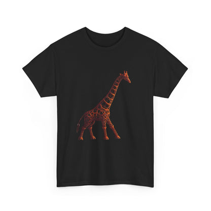 Stylish Unisex Giraffe Graphic Tee featuring a striking, intricately designed giraffe in warm reddish-brown hues on a luxurious black cotton t-shirt.