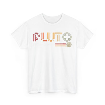 Front view of the white PLUTO Retro Graphic Unisex T-Shirt in Soft Cotton, featuring a stunning vintage design with 'PLUTO' in gradient colours and celestial imagery.