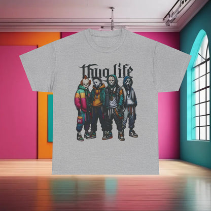 Fashionable Thug Life Horror Characters Graphic T-Shirt in heather grey, featuring a blend of horror and street culture, designed for the discerning wearer.