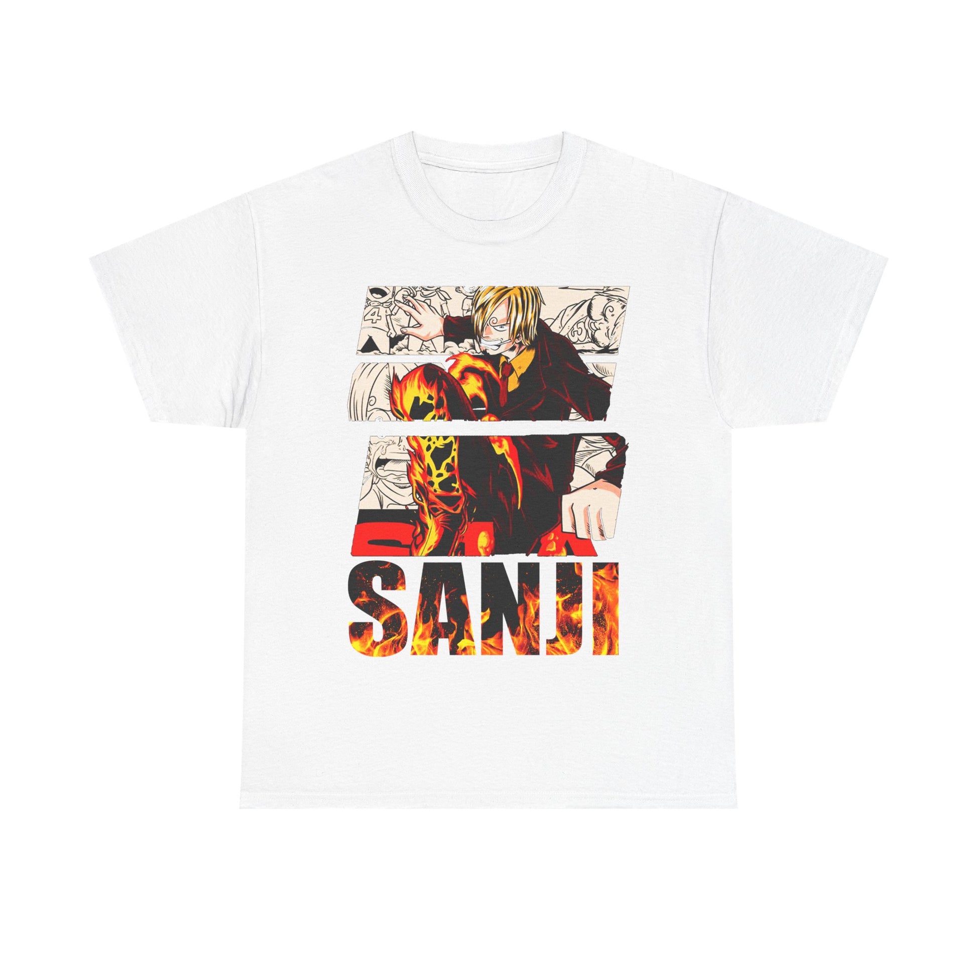Chic white graphic tee displaying an artistic portrayal of Sanji, combining fiery hues and stylish design, ideal for anime lovers seeking luxury in fashion.
