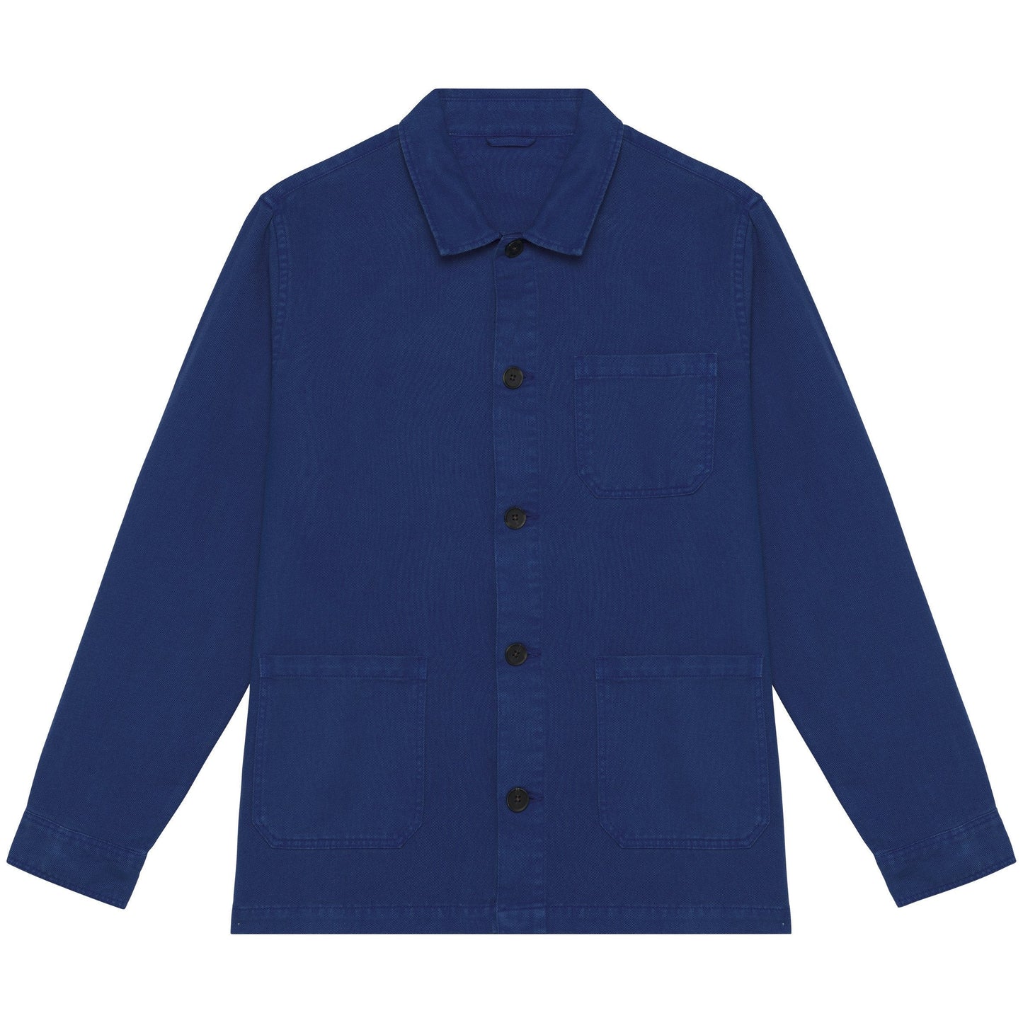 Elegant model wearing a luxury organic cotton and linen jacket in faded wash, demonstrating its regular fit and eco-friendly design elements.