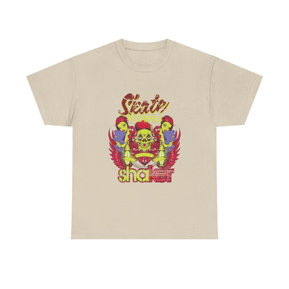 Men's Skull Cap Graphic T-Shirt with Colorful Floral and Punk - Skate Riders displaying whimsical accents of plush bears held by characters, enhancing the rebellious theme.