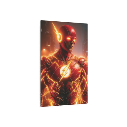 The Flash Metal Art Poster displayed at an angle, emphasizing the quality of the sleek matte aluminum finish. A statement piece for any elegant space.