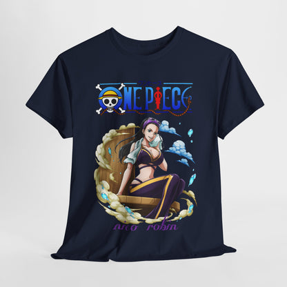 Elegant navy blue men's t-shirt with vibrant illustrated design featuring Nico Robin from One Piece against a backdrop of dynamic waves and clouds.