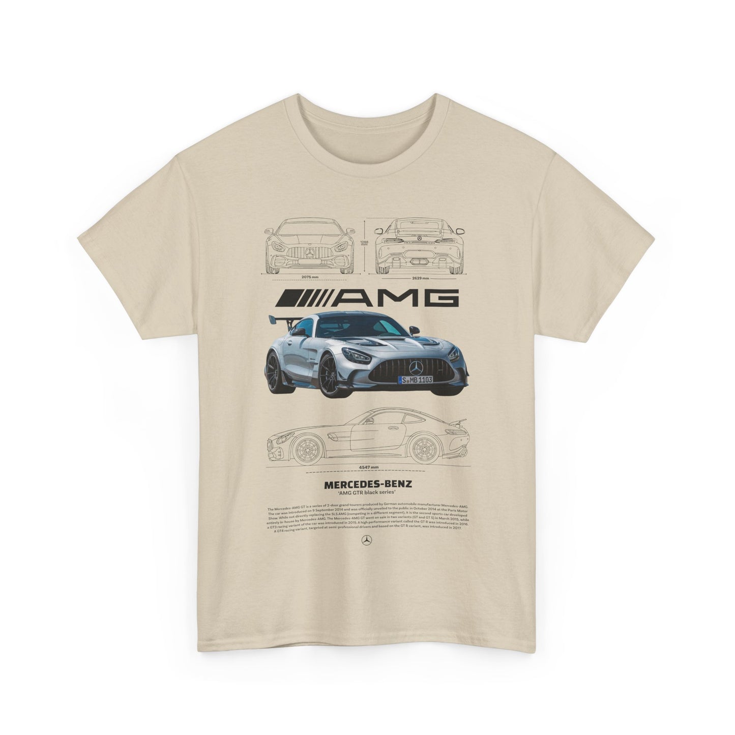 Front view of a sophisticated beige men's t-shirt featuring an AMG design, appealing to car enthusiasts.