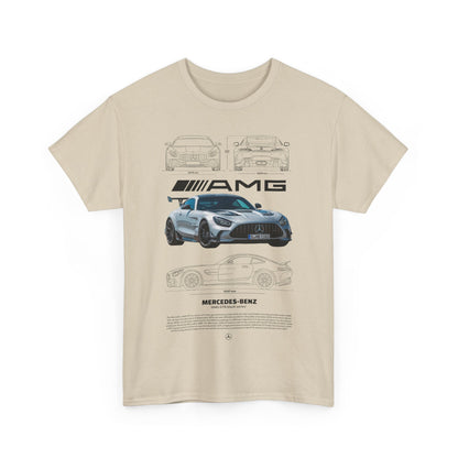 Front view of a sophisticated beige men's t-shirt featuring an AMG design, appealing to car enthusiasts.