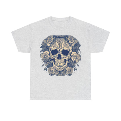 Skulls and Roses Cotton Tee in light grey, designed with a striking skull and roses motif, ideal for embracing individuality in a luxurious style.
