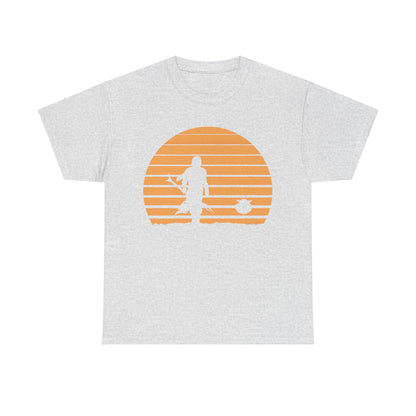 Mandalorian Sunset Graphic Unisex T-Shirt in Premium Soft Cotton, featuring a striking silhouette of the Mandalorian against a vibrant sunset, perfect for adventure lovers and Star Wars fans.