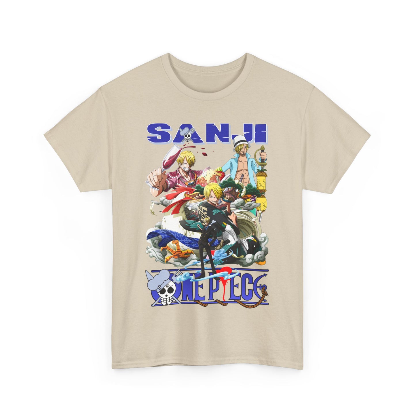 Stylish men's t-shirt featuring a vibrant Sanji graphic from a popular anime series, showcasing lively colours and intricate designs for luxury streetwear enthusiasts.