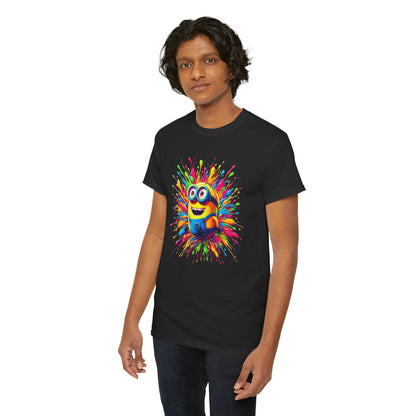 A young man wearing a Funny T-Shirt with a colourful Minion graphic surrounded by a paint splash effect. This playful design combines humor and creativity, ideal for Minions enthusiasts.
