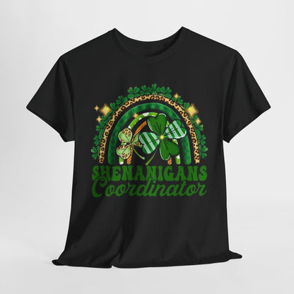 Stylish St Patricks Day Unisex Men's Women's Graphic Cotton Funny T Shirt Tee featuring 'Shenanigans Coordinator' design with shamrocks and a vibrant rainbow finished in luxe black.