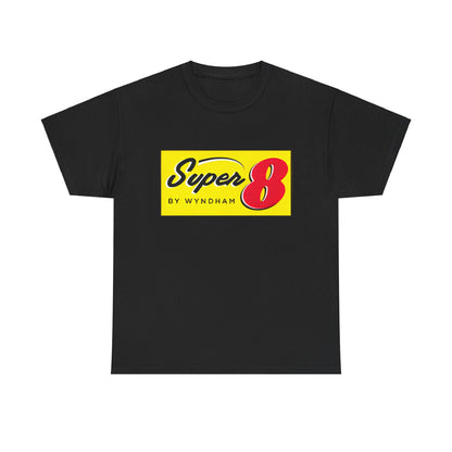 Super 8 Retro Logo Unisex Graphic Tee in black, exuding luxury with its vintage-inspired graphic that appeals to those who cherish classic designs.