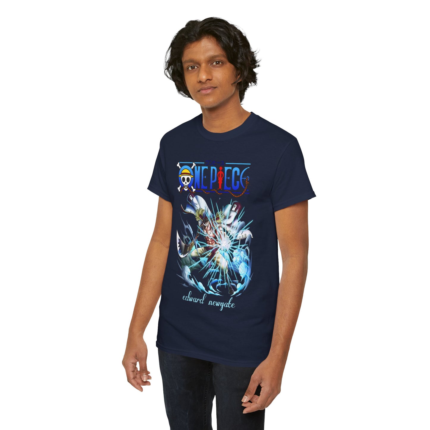 Elegant One Piece men's graphic tee presenting a vibrant illustration of Edward Newgate, a must-have for anime collectors and fashion-forward individuals.