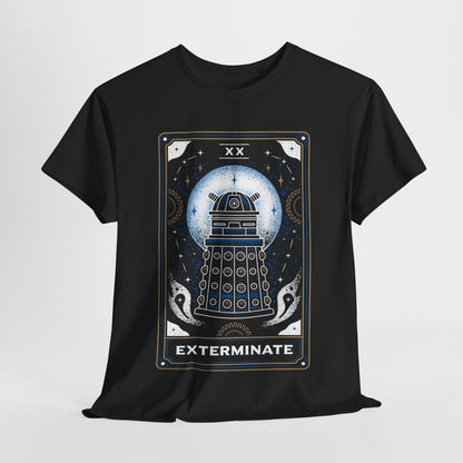 Luxury Dr Who Dalek Tarot Unisex T-Shirt featuring an artistic Dalek design framed by a celestial backdrop, ideal for stylish fans who appreciate sci-fi culture.