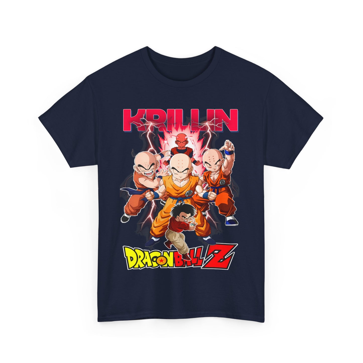Stylish Dragon Ball Z T-shirt design showcasing Krillin and iconic characters with lightning elements, perfect for fans seeking a bold statement.