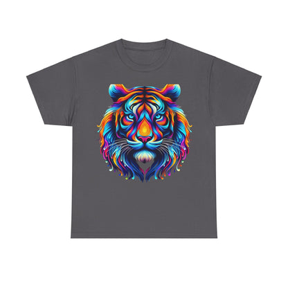 Tiger's Whimsy Graphic Tee - Unisex graphic t-shirt in heather grey highlighted by a beautifully crafted kaleidoscopic tiger illustration, merging elegance and whimsy.