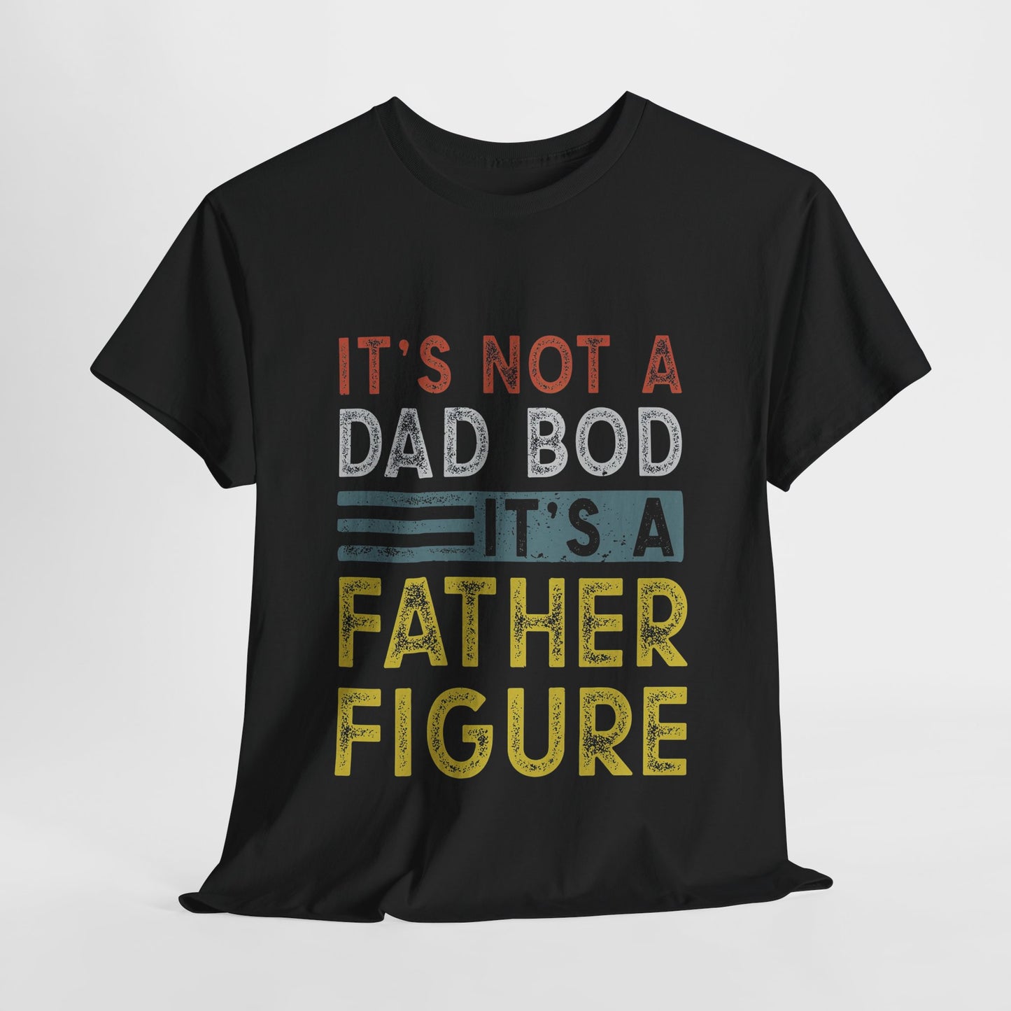 Luxurious black graphic t-shirt featuring the humorous phrase 'It's Not A Dad Bod, It's A Father Figure' in vibrant retro colours, designed for stylish parenting.