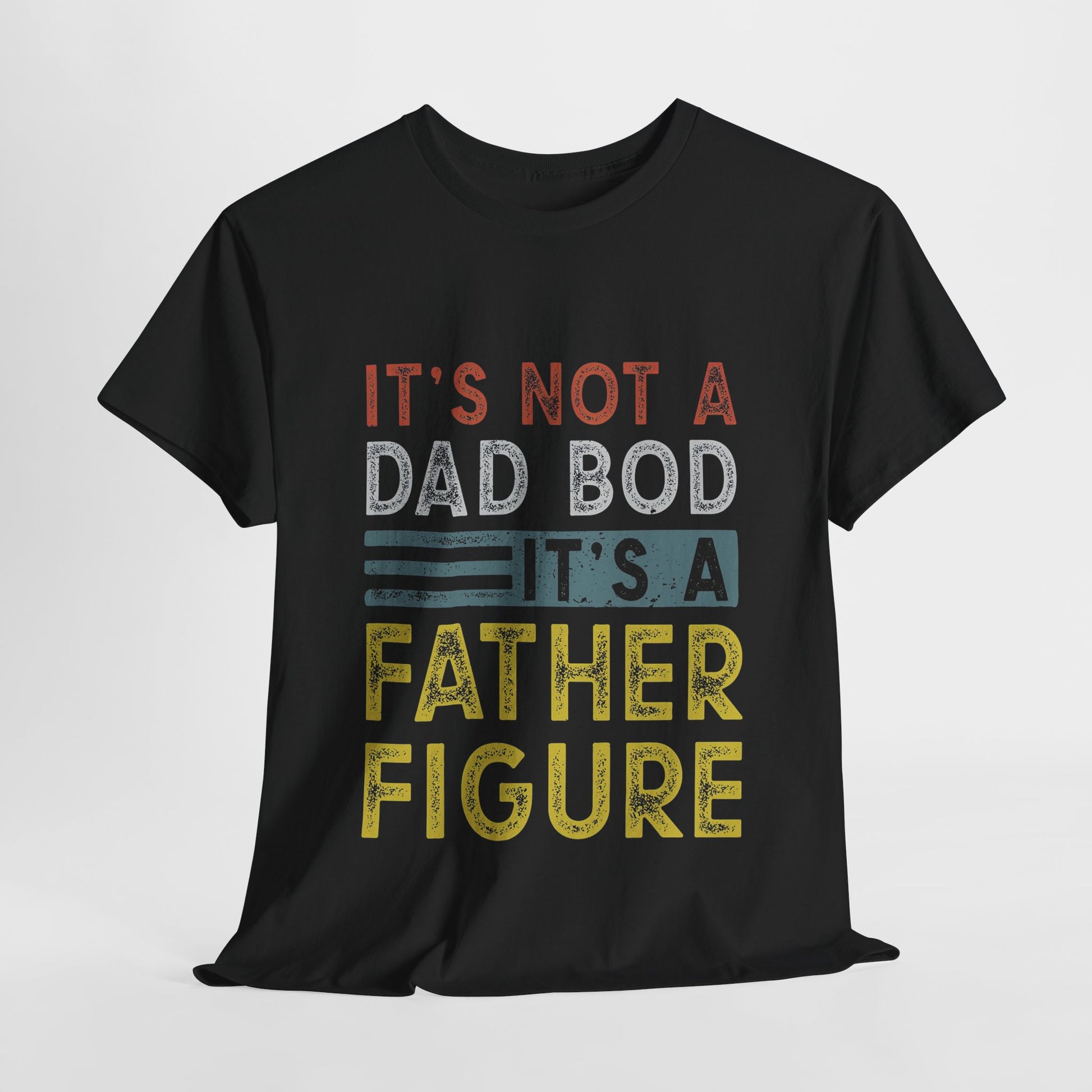 Luxurious black graphic t-shirt featuring the humorous phrase 'It's Not A Dad Bod, It's A Father Figure' in vibrant retro colours, designed for stylish parenting.