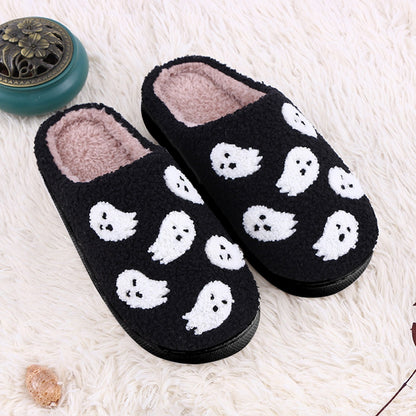 Chic Halloween Funny Spider Ghost Scary Flat Indoor House Shoes for Women and Men, offering plush coziness with playful ghost details, perfect for indoor lounging during Halloween.