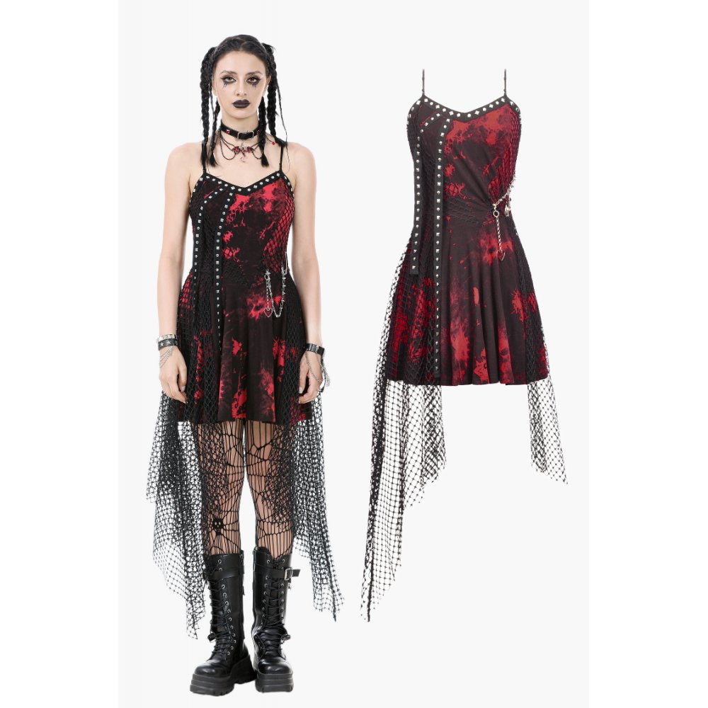 Dark In Love Bellatrix Red & Black Mesh Asymmetrical Dress showcasing intricate studded trim and sheer panel, perfect for a gothic-inspired statement look.