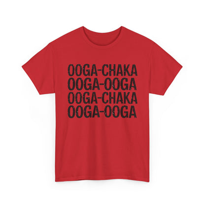Chic red graphic t-shirt with the lyrics 'OOGA-CHAKA OOGA-OOGA', perfect for expressing nostalgia, from the 'Hooked On a Feeling Graphic T-Shirt Urban Unisex Cotton Tee' line.