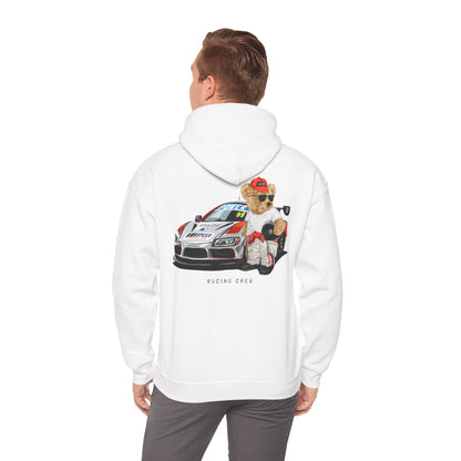 Back view of a luxurious white hoodie featuring a playful teddy bear in a racing outfit, seated in a sleek race car with the number 99. Ideal for speed enthusiasts seeking a unique style.