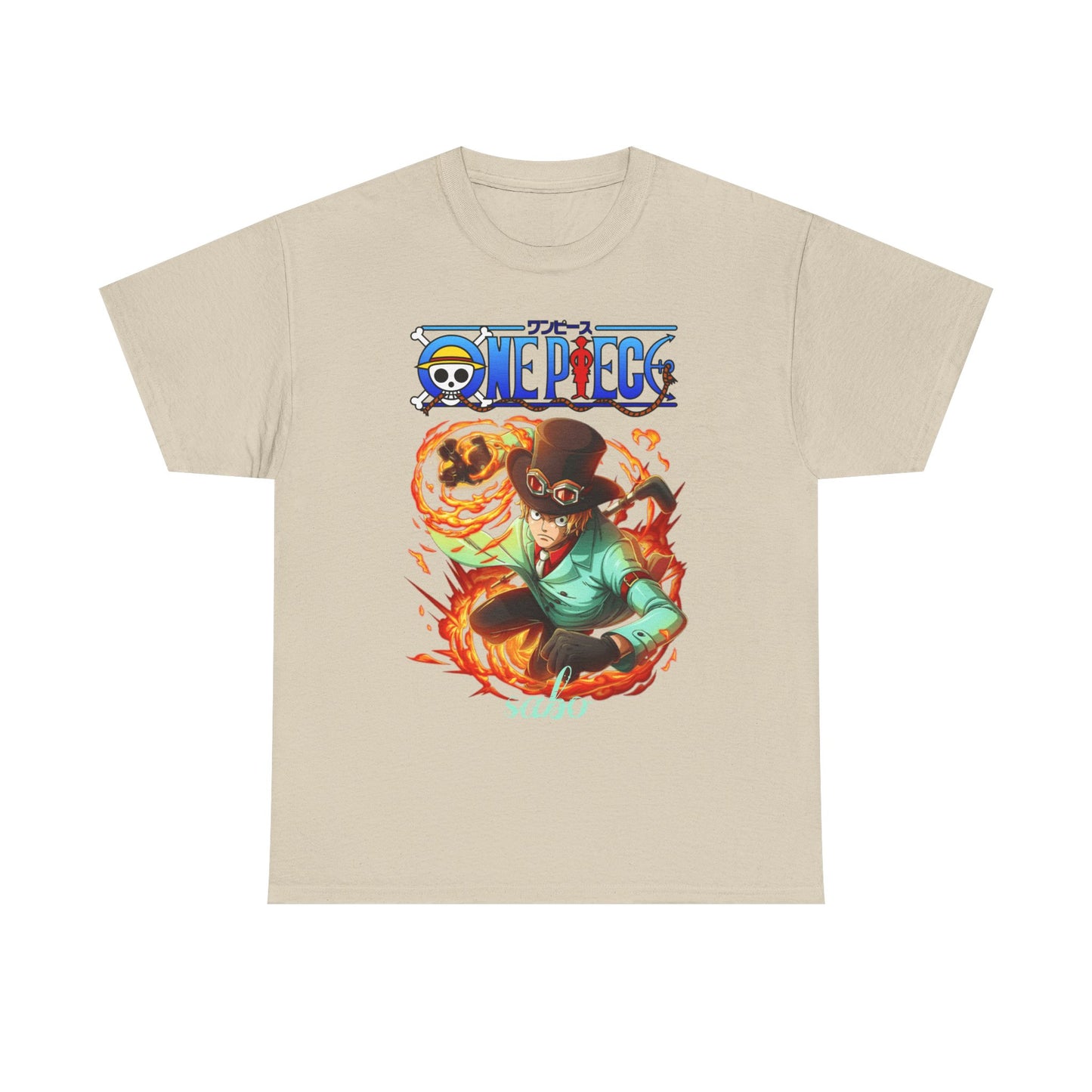 Stylish beige Sabo from One Piece T-shirt featuring a dynamic design with fiery accents, perfect for a fashionable look that expresses your anime fandom.